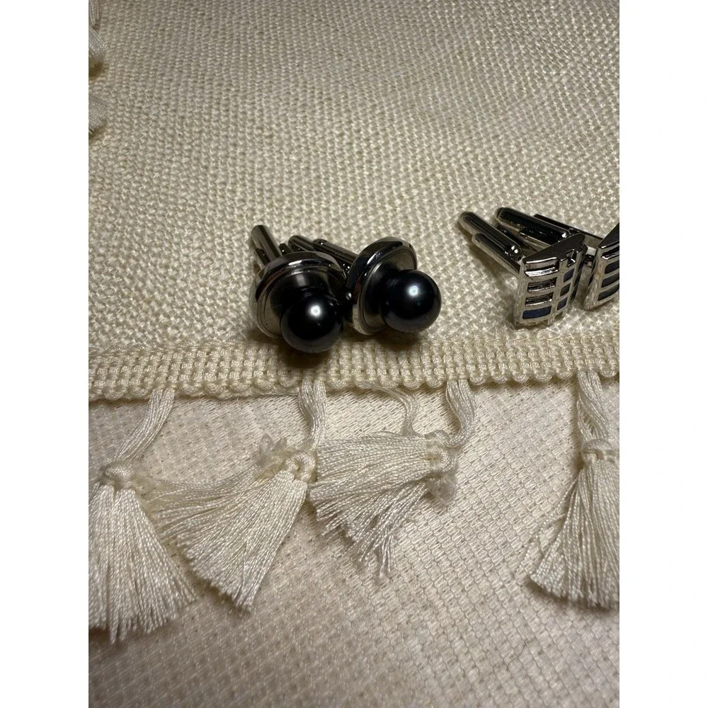 2-Piece Cufflink Set – Black Faux‎ Pearl & Blue Grid Design – Gift Box Ready